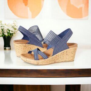 Skechers Beverlee - High Tea Wedge Sandal in Navy Blue Strappy Women's Sz 8